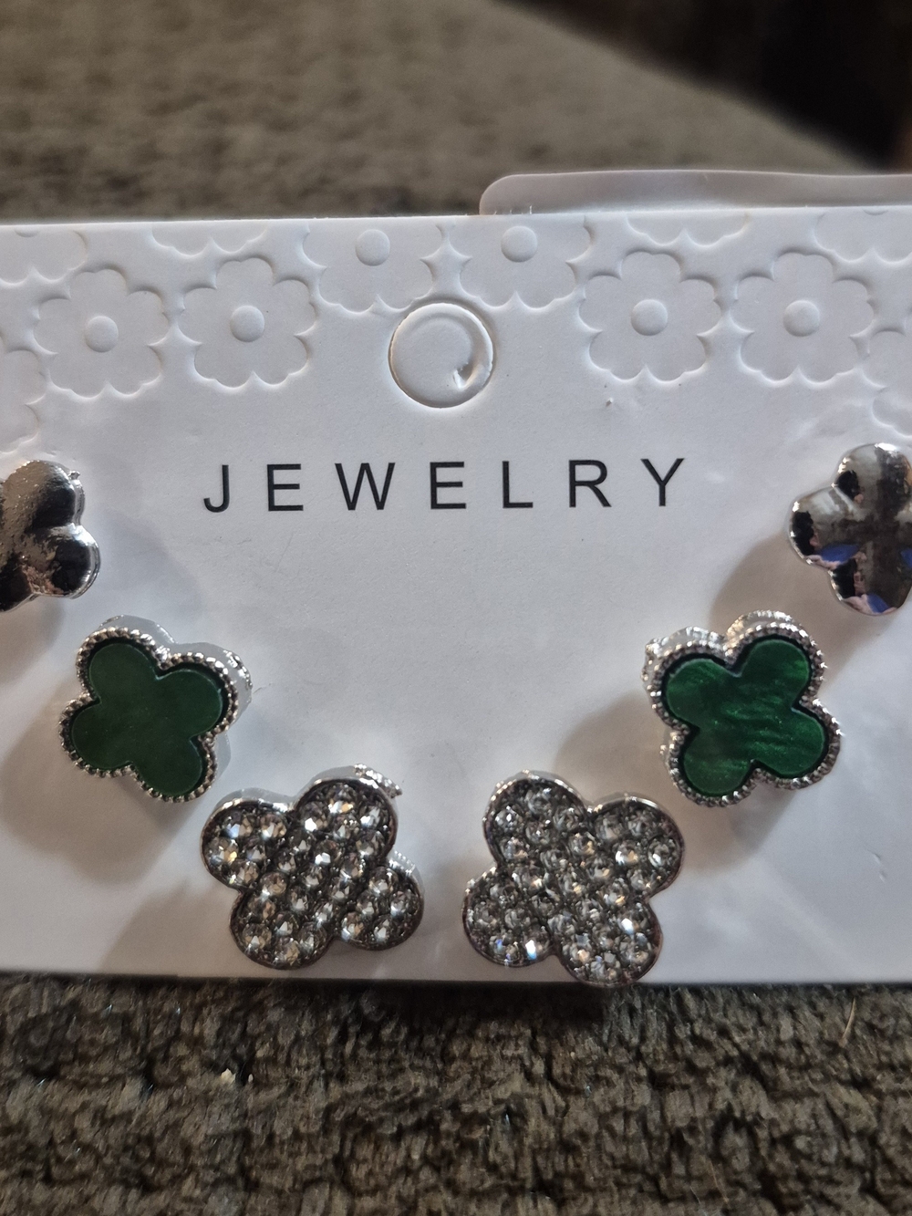 Fashion Jewelry Green and Silver Clover Stud Earring Set - Trio Pack